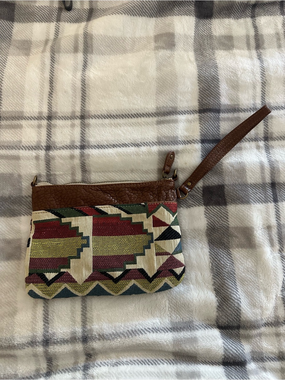 Aeropostale Brown Leather-Trim Woven Geometric Wristlet
